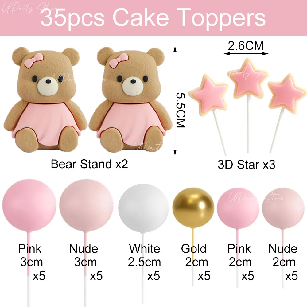 35pcs Star Bears Cake Stand Blush Pink White Gold Ball 3D Bear Cake Topper for 1st Birthday Baby Shower Gender Reveal Cake Decor
