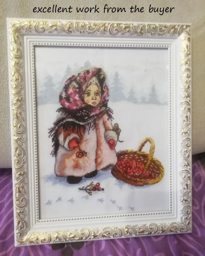 Gold Collection Lovely Counted Cross Stitch Kit Russian Winter Girl Child and Cherry Red Fruits in Snowy Day The cold is time