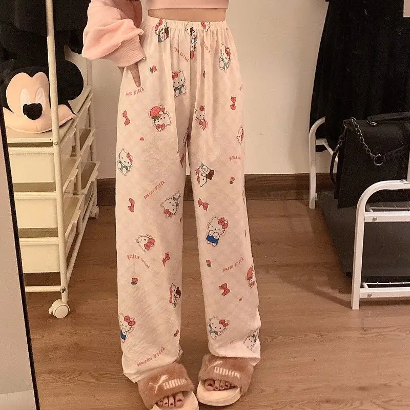 

Женские хлопковые брюки Hello Kitty для весны и осени, милые длинные брюки с мультяшным принтом, удобная домашняя одежда для отдыха и улицы
