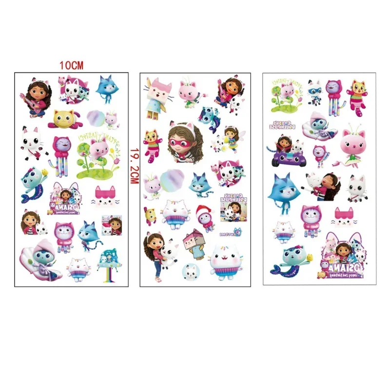 Gabby\'s Dollhouse Cats Tattoo Stickers, desenhos à prova d\'água, fofo, kawaii, brinquedos para crianças, presentes para crianças, 3 peças