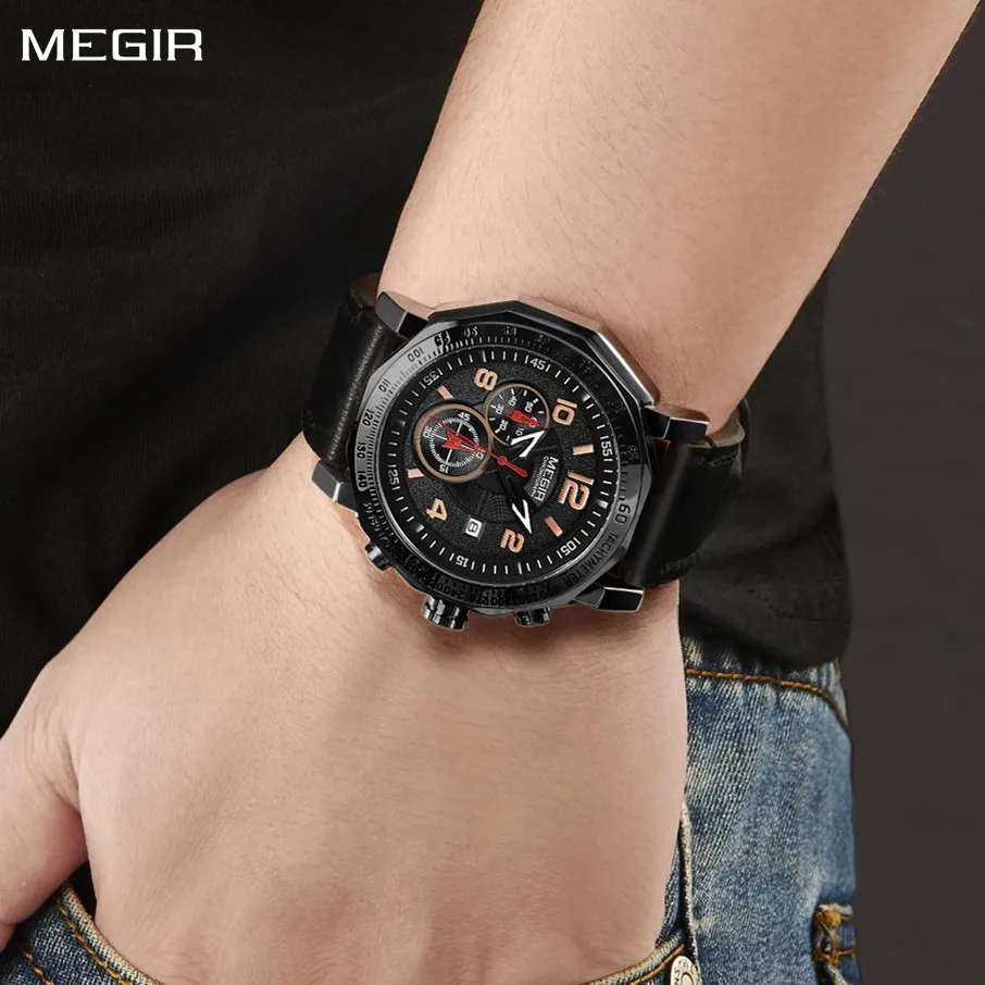 

MEGIR Men's Sport Watch Large Dial Quartz Luminous Wristwatch Date Clock Fashion Relogio Masculino Leather Chronograph for Men