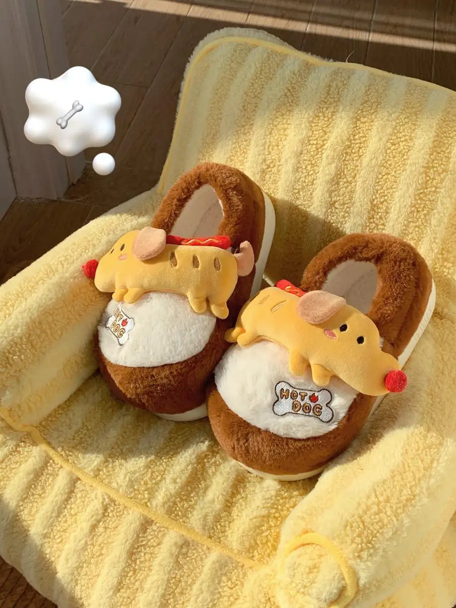 Funny Instagram Cute Little Dog Cotton Slippers Women's Winter Warm Velvet And Anti Slip Home Slippers Indoor Household Shoes