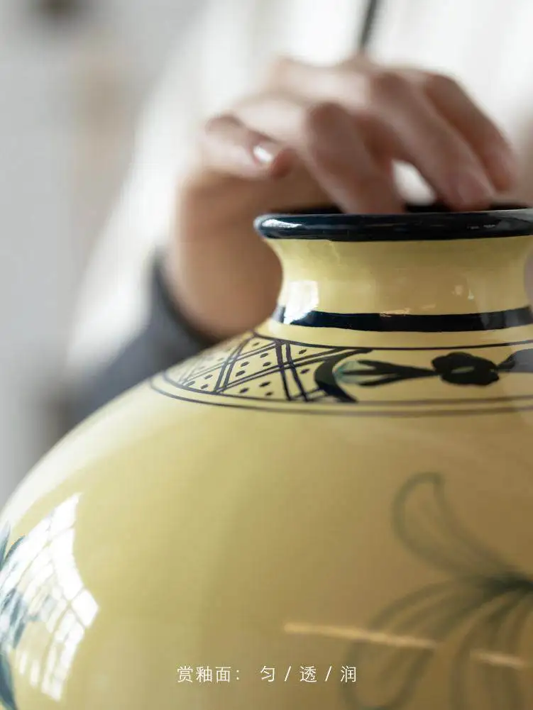 Vase hand painted yellow contrasting ink blue