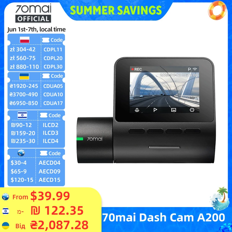 70mai Dash Cam A200 1080P 2\'\' IPS Screen Dual-channel Record 70mai Car DVR A200 24H Parking Monitor 130°FOV Night Vision