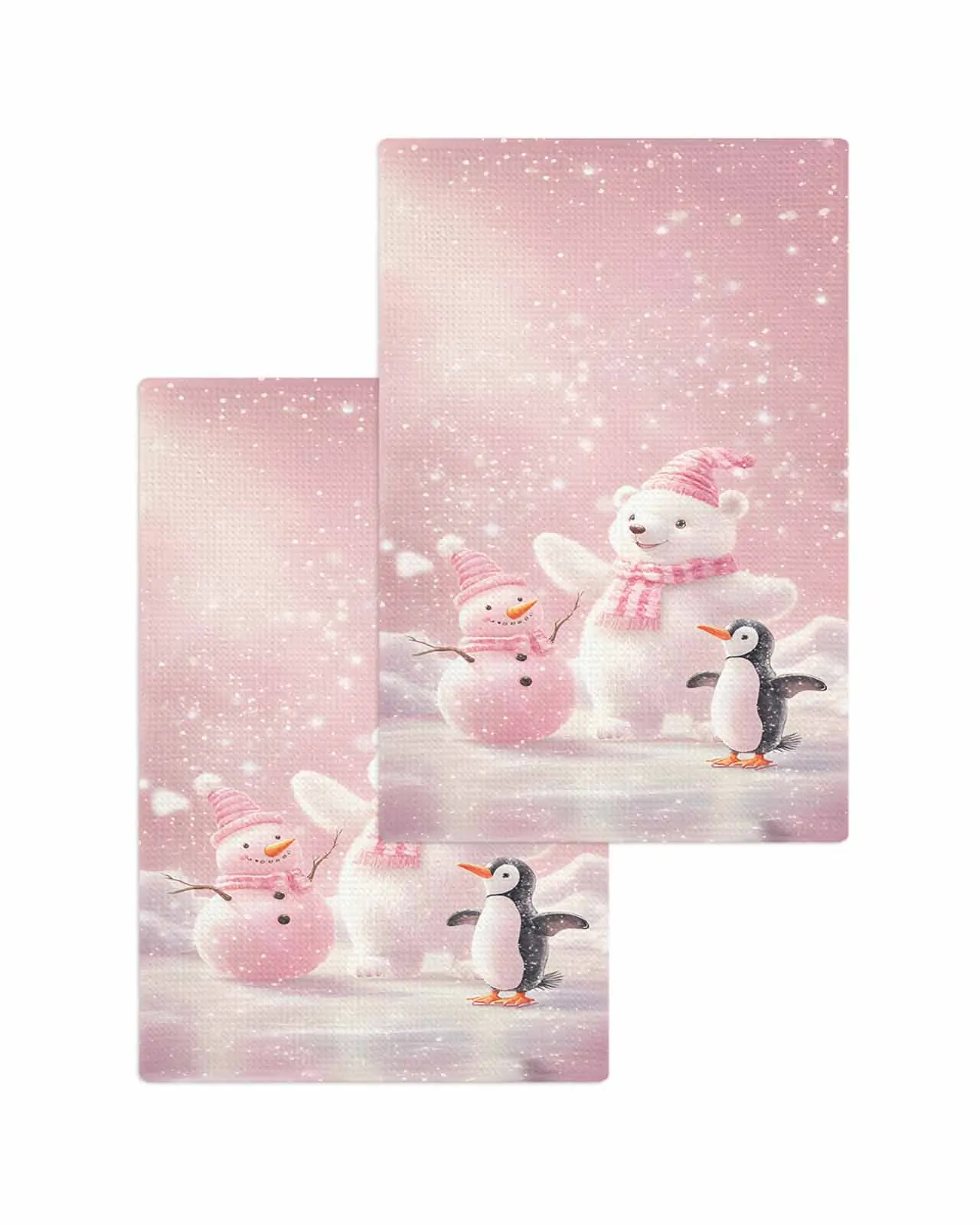 Christmas Pink White Bear Penguin 30*30cm Waffle Microfiber Kitchen Towel Soft Cleaning Cloth Scouring Pad Wiping Rag