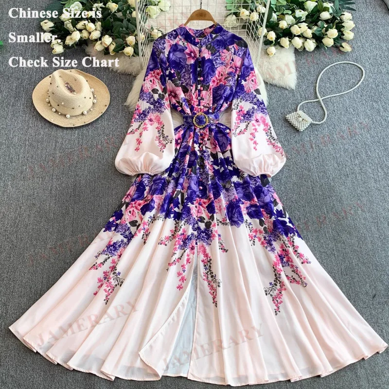 Camicia maxi abito floreale da passerella da donna monopetto con stampa palazzo design manica intera abiti lunghi a fiori per le vacanze di marca nazionale