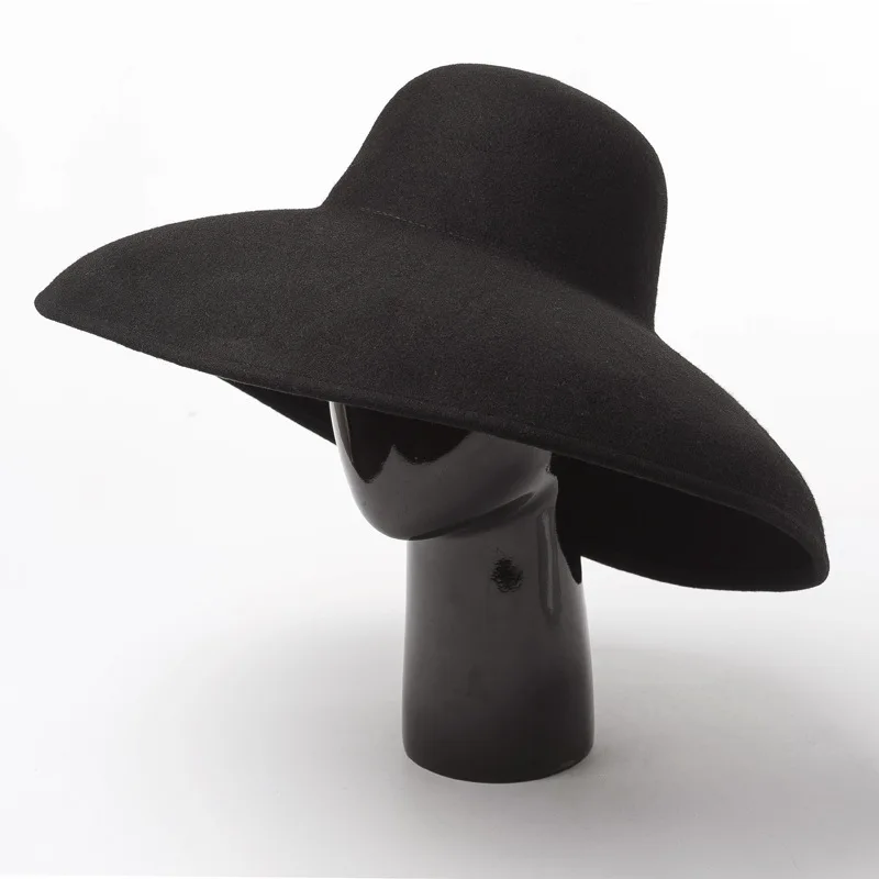 Autumn Winter New Vintage Fashion Round Top Wide Brim Wool Fedora Stage Show Concave Shape Felt Fedora
