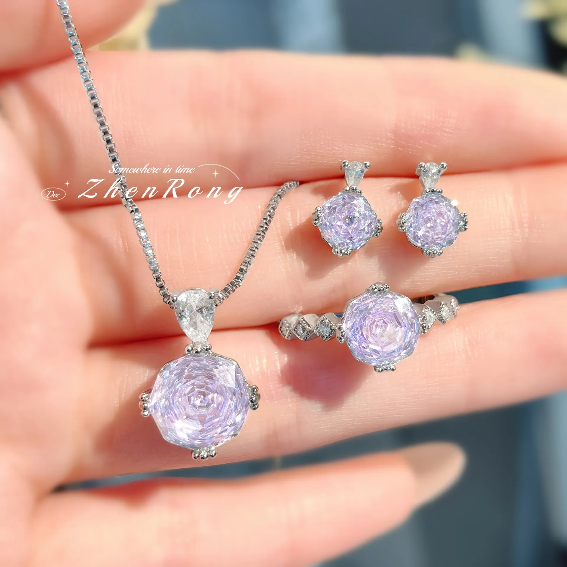 S925 Sterling Silver Ring Necklace Stud Earring Set Rose Pendant Combination Adorned with Sparkling High Carbon Diamonds