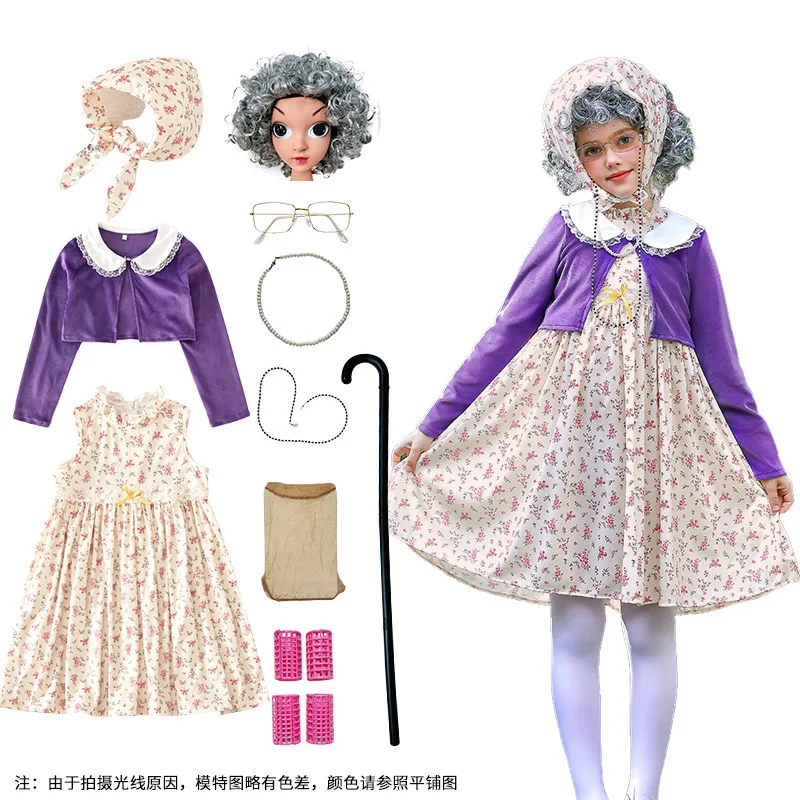 Costume da carnevale per bambini Divertente vestito da vecchia signora, abito floreale cosplay della nonna con accessori per parrucche grigie
