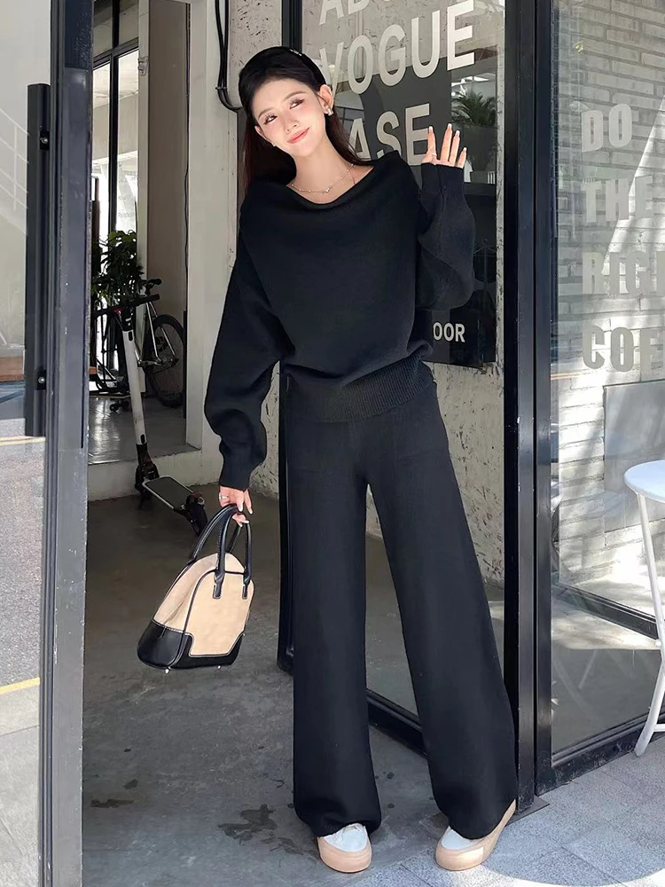 BZVW Korean Style One Shoulder Sweaters Wide Leg Pants Two-piece Set Solid Color Minimalism Sets 2024 Autumn Winter New 25Z1081