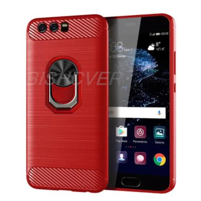 Carbon Fiber Brushed Shockproof Soft Cover For Huawei P10 VTR-L09, VTR-L29 VTR-AL00 VTR-TL00 Magnetic Ring Holder Case