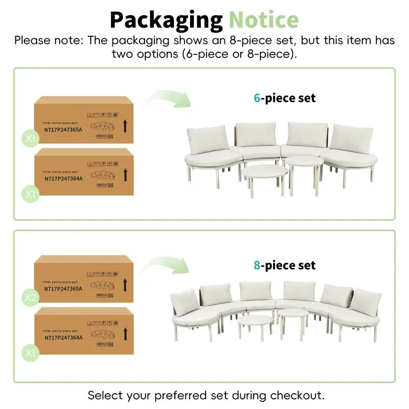 8-Piece Outdoor Sectional Sofa Set, Half Moon Design with 2 Adjustable Coffee Tables, PE Wicker Rattan, Tempered Glass,