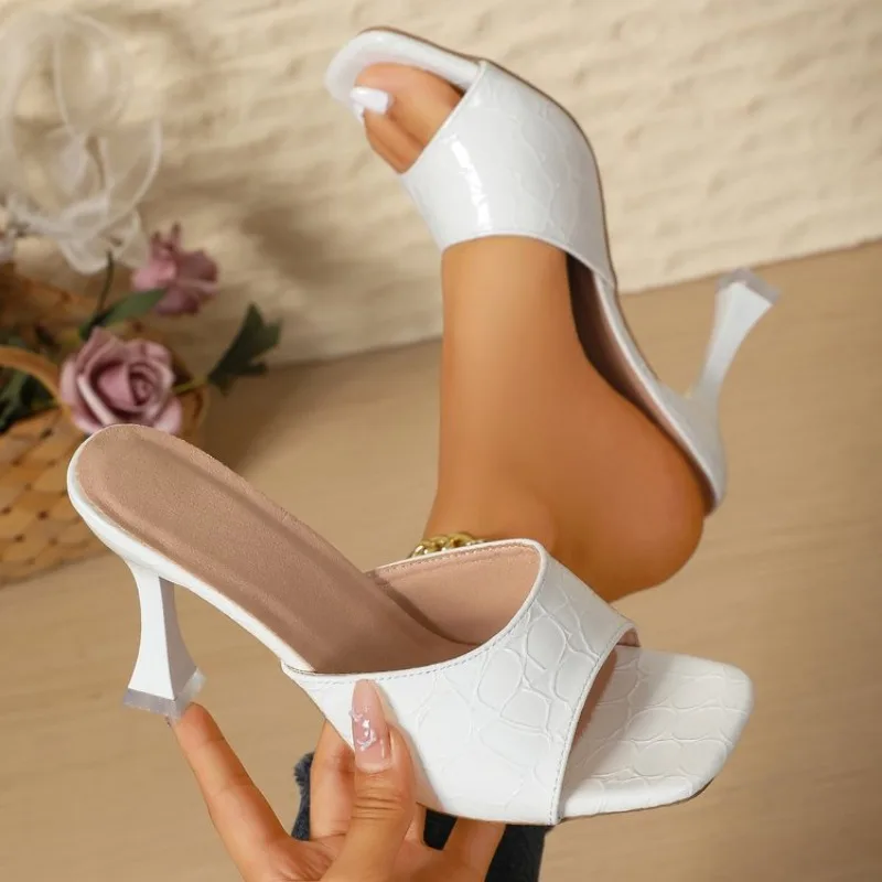 

Women's Slippers 2025 New Summer Slim Heel Pointed Toe Worn with A Straight Drag Patent Leather High-heeled Slippers for Womens