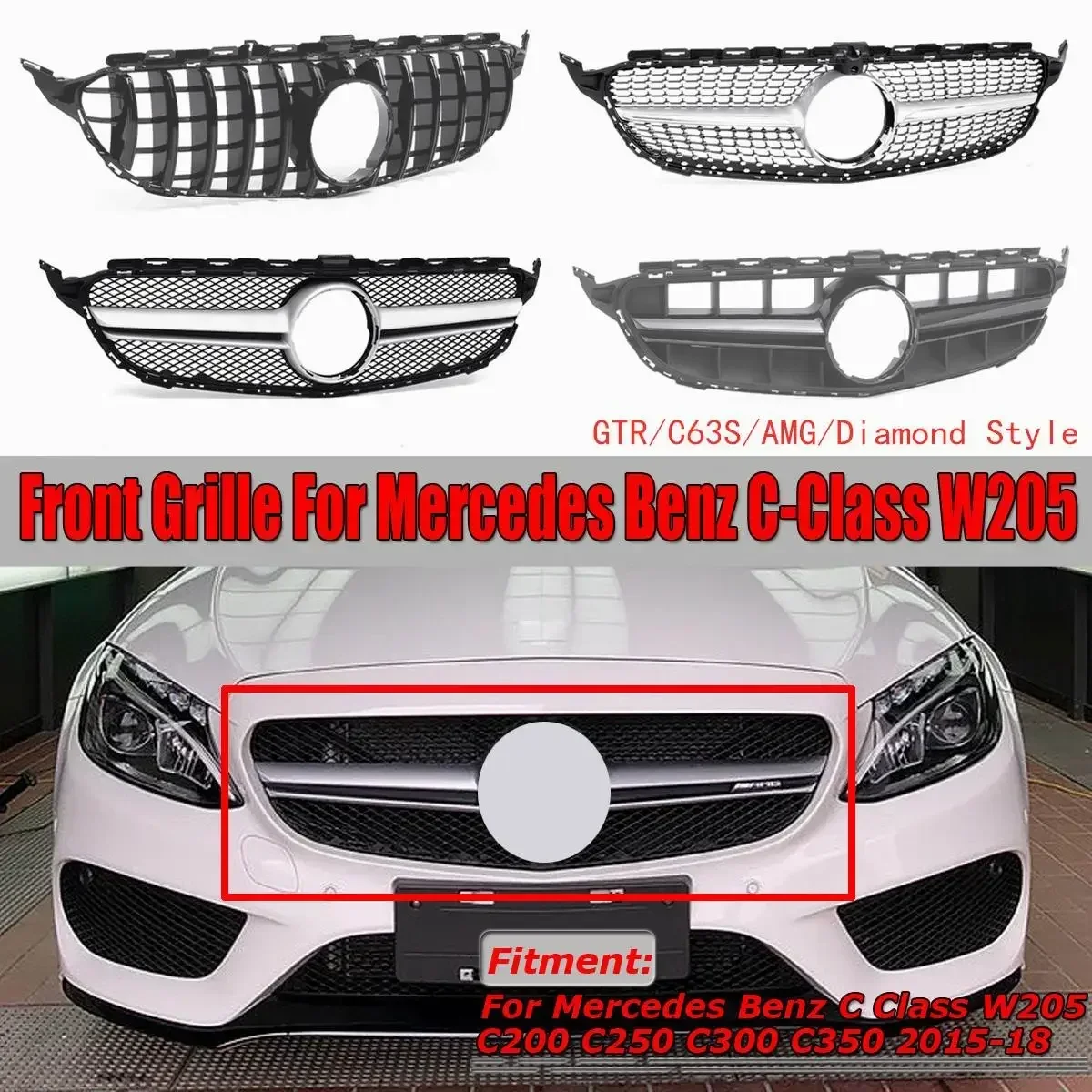 

Black/Silver Front Grill Front Bumper Racing Grill For Mercedes For Benz C Class W205 C200 C250 C300 C350 2015-2018 Body Kit