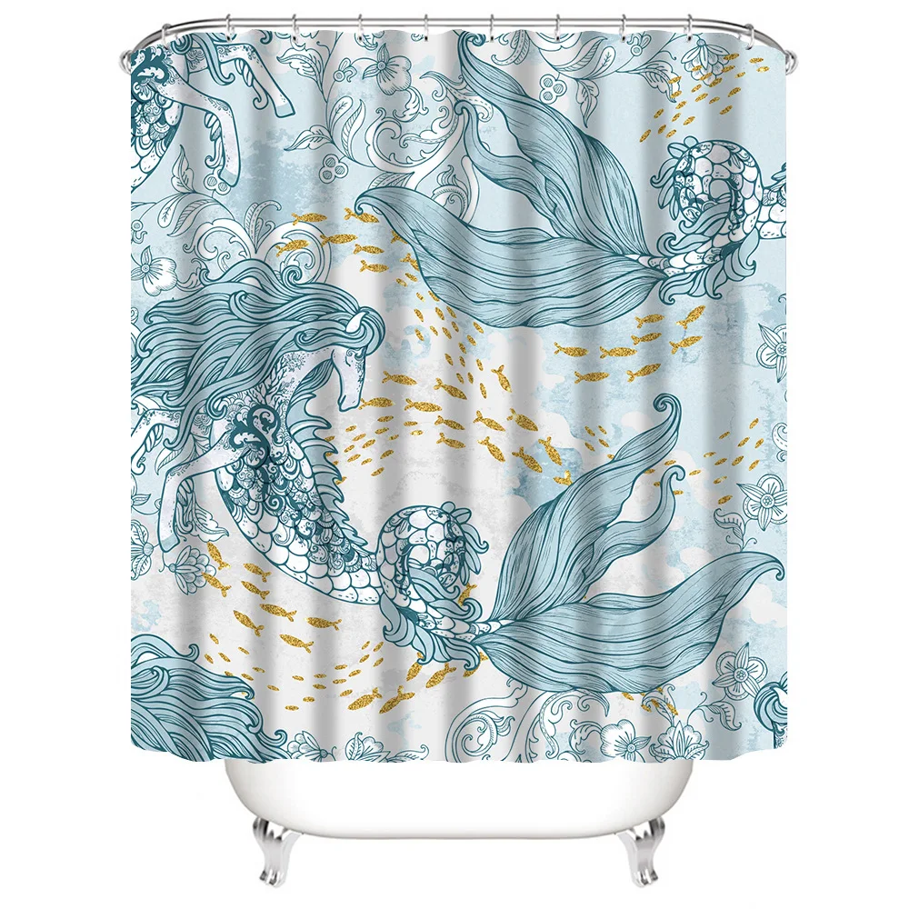 Nautical Biological Theme 3D Seahorse Turtle Dolphin Shower Curtain Sets with Hooks Bathroom Decor By Fabric Shower Curtains