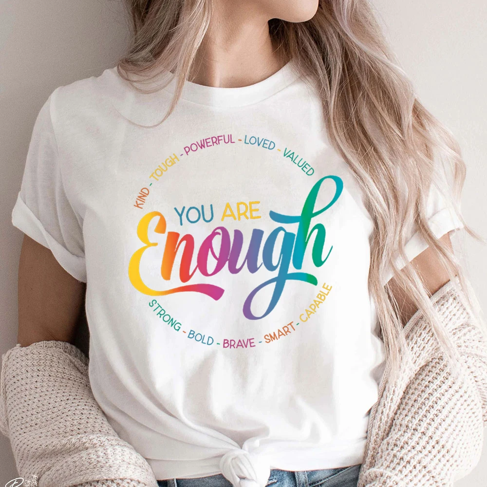 You Are Enough Lesbian Pride Rainbow Tshirts LGBTQ Support Equality Month Gifts Print Women's T-Shirt Pride Parade Short Sleeve