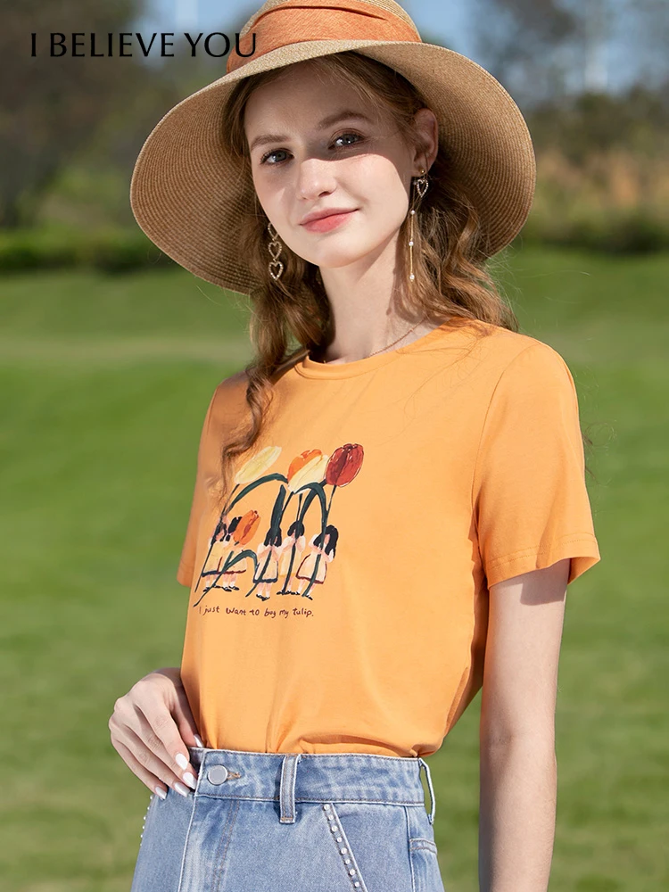 

I BELIEVE YOU Orange Cool Tech Ice Cotton Short Sleeves T Shirt for Women 2023 Summer New Chic Printed Female Tops 2232014973