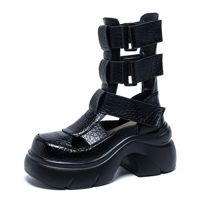 DRKANOL 2026 Women Gladiator Sandals Summer Height Increasing Genuine Leather Roman Sandals Ladies High Heel Platform Cool Boots