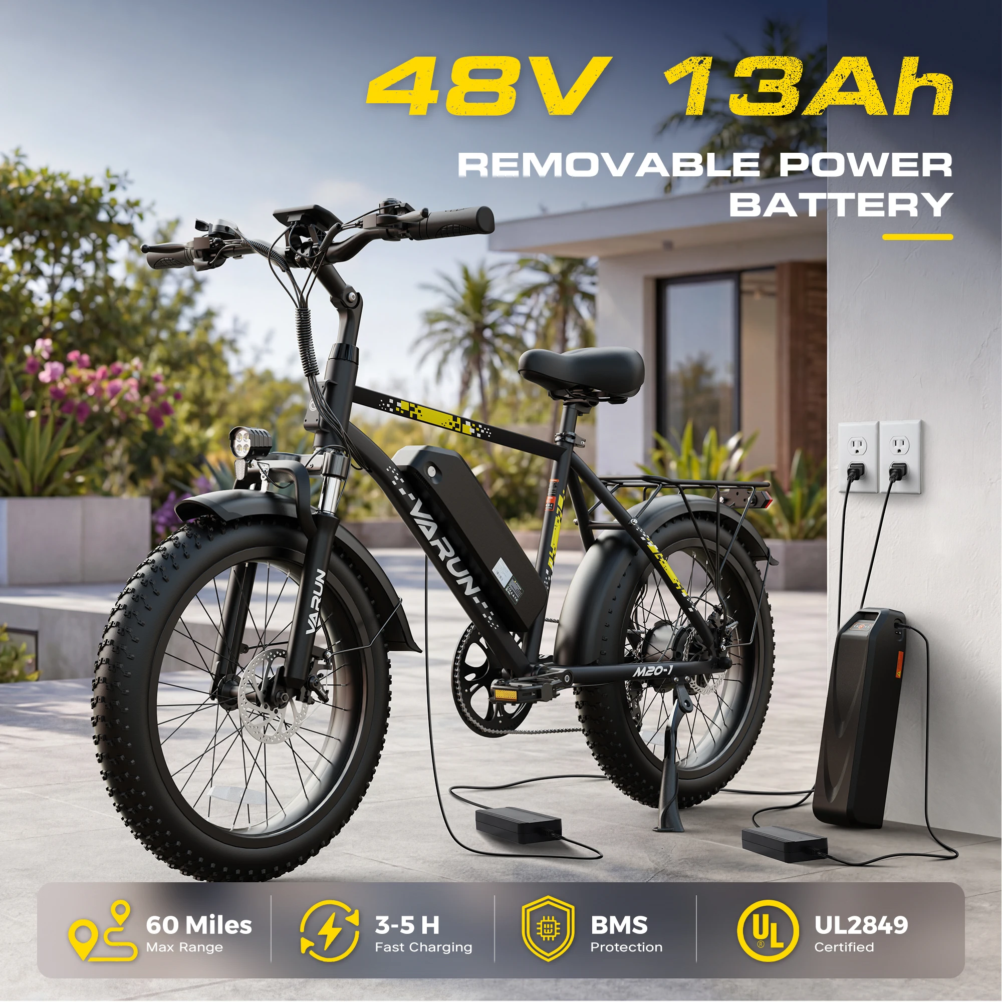  VARUN 1000W Peak Electric Bike for Adults, 20" 3.0" Fat Tire Ebike 48V 13Ah Removable Battery, 7-Speed 30-60+ Miles Range E-bike for Mountains, Snow, Sand - view 3
