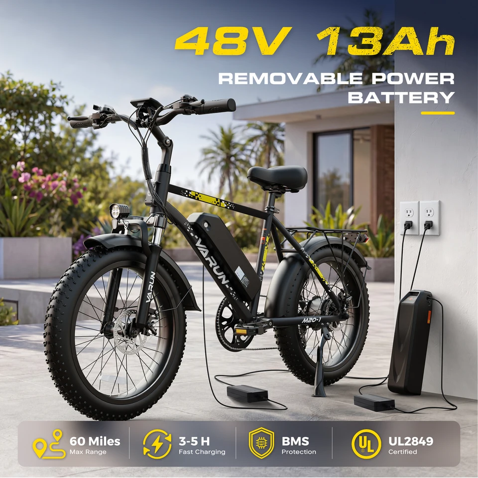  VARUN 1000W Peak Electric Bike for Adults, 20" 3.0" Fat Tire Ebike 48V 13Ah Removable Battery, 7-Speed 30-60+ Miles Range E-bike for Mountains, Snow, Sand image 4