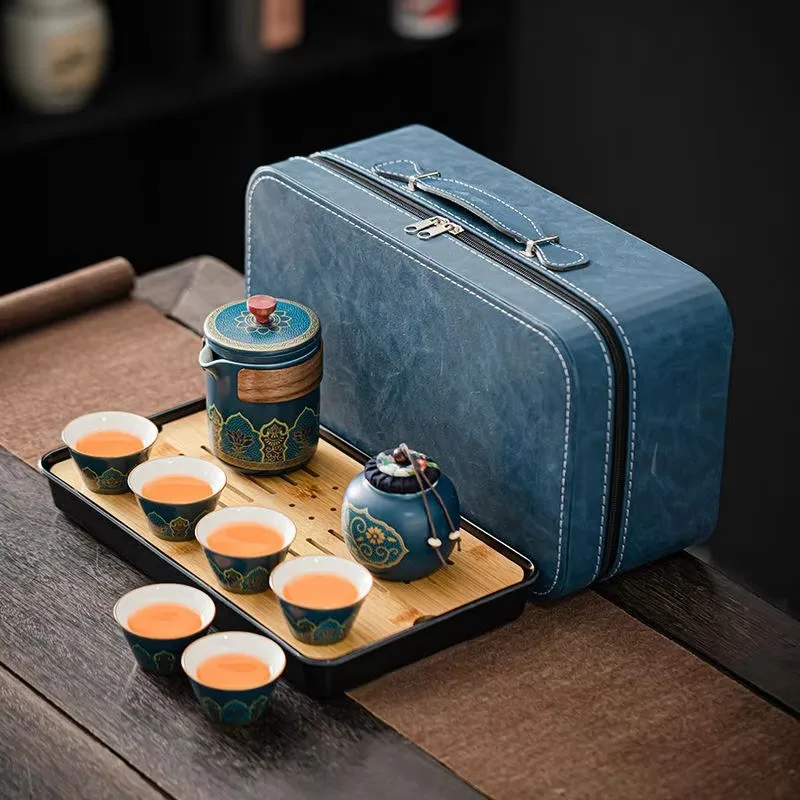 Portable All-In-One Outdoor Chinese Classic Design Porcelain Tea Set Includes Teapot Cup Tray Infuser with Travel Gift Bag