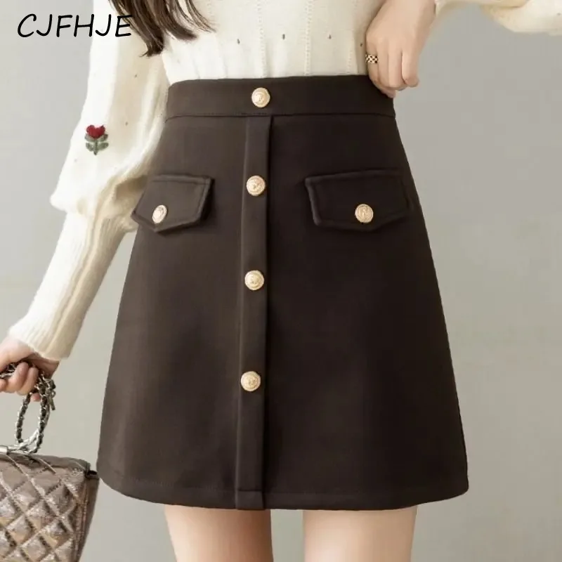 

CJFHJE Korean Version of High Waisted Breasted Minimalist Women's Skirt New Summer Versatile Women Woolen A-line Short Skirt