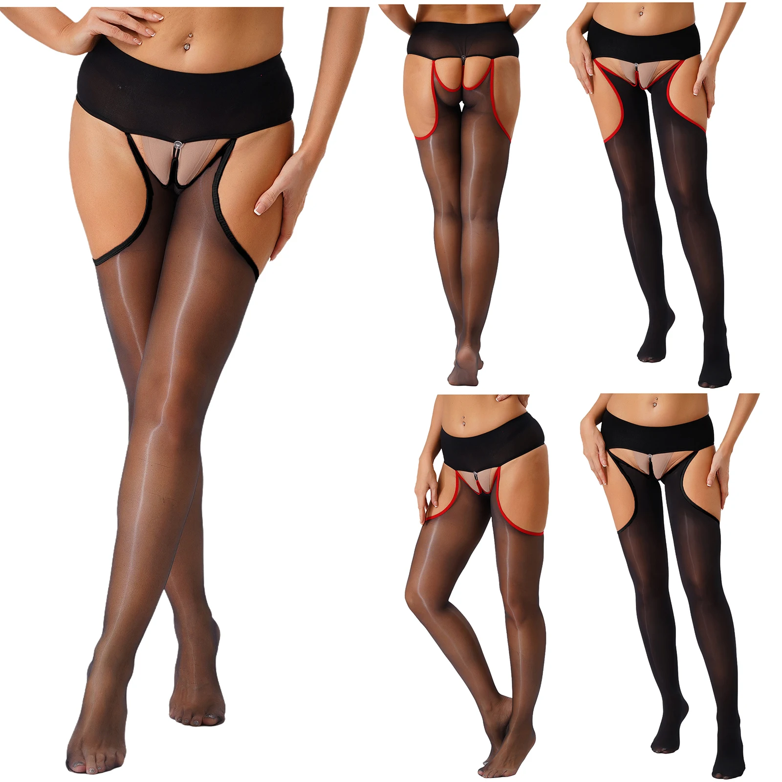 Women Lingerie Open Crotch Stocking Tights Elastic Waistband Button Crotch Side Thigh Cutout Footed Stocking Erotic Nightwear