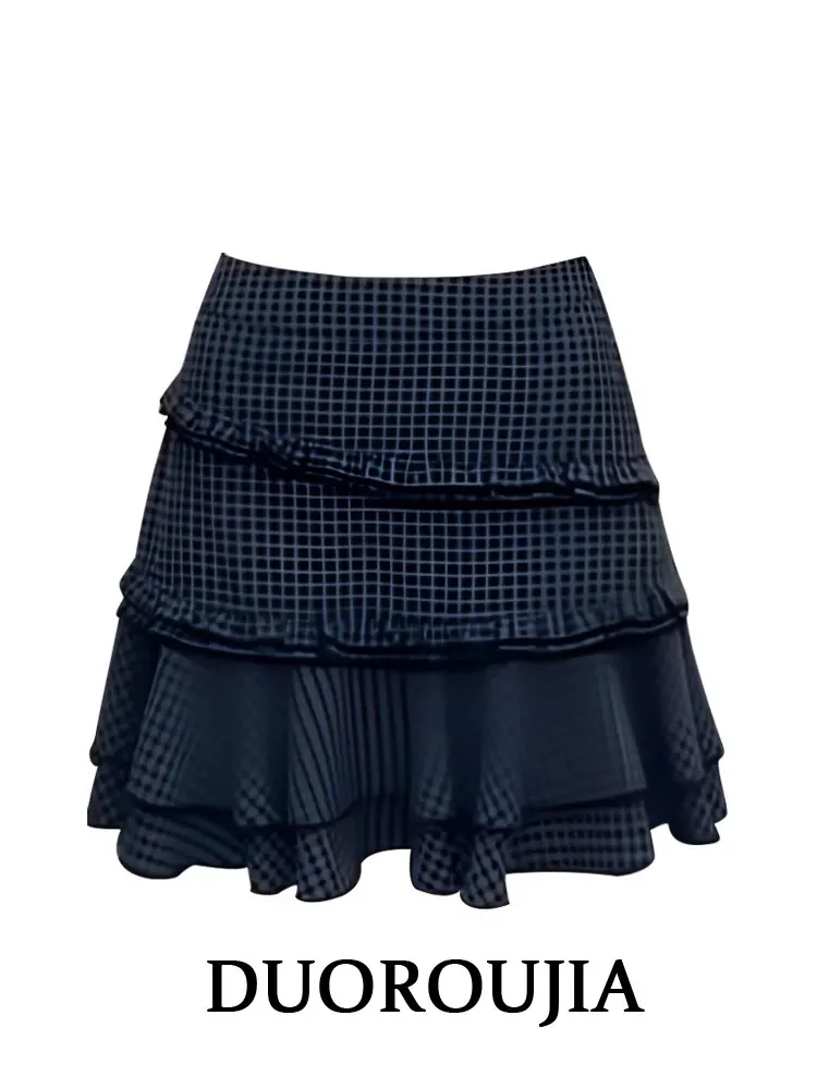 

plus Size Women's Sweet Sister Plaid Ruffle Hem Half Skirt Korean Style High Waist Slimming A-Line Short Skirt Casual Commute