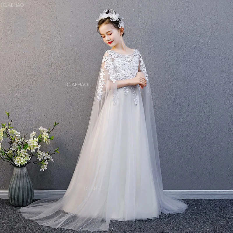 Kids Girls Chinese Style Guzheng Performance Dress White Princess Recital Pageant Formal Celebration Gown with Long Train Solo