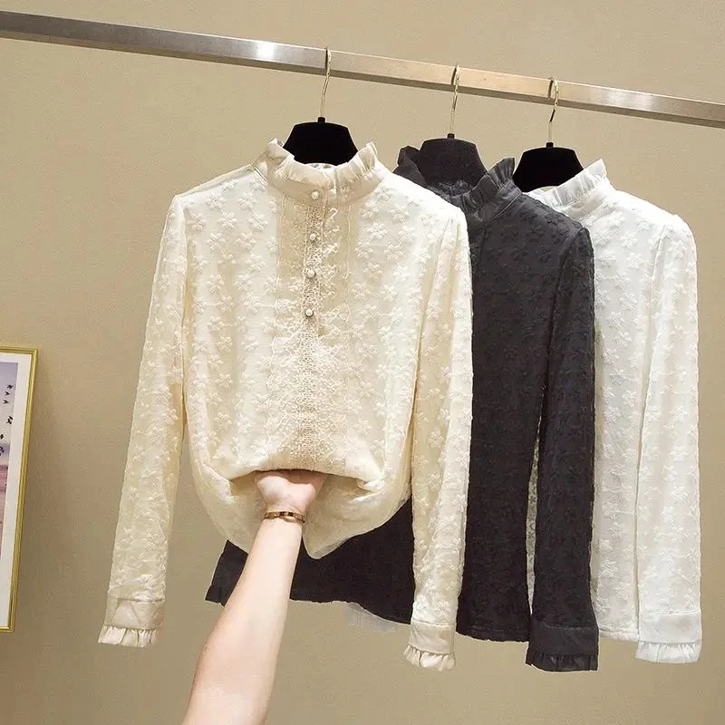 

Stand collar Lace Shirt For women Autumn Winter Embroidered Mesh Long sleeved Thick velvet Bottom Tops Slim Women's Lace Shirts