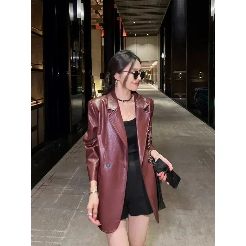 

Explosion Retro Hong Kong-style Leather Jacket PU Leather Loose Longsleeved Jacket Highend Design Street Angola Red Women's Tops