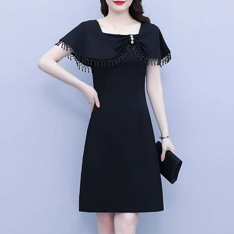 

Elegant One Word Collar Nail Bead Diamonds Pleated Short Sleeve Solid A-line Lady Hepburn Tassel Ruffles Slim Knee-Length Dress