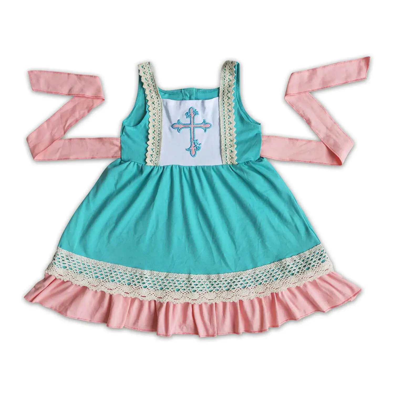 

Girls Solid Cross Embroidery Dress Easter Cross Green Girls Dress