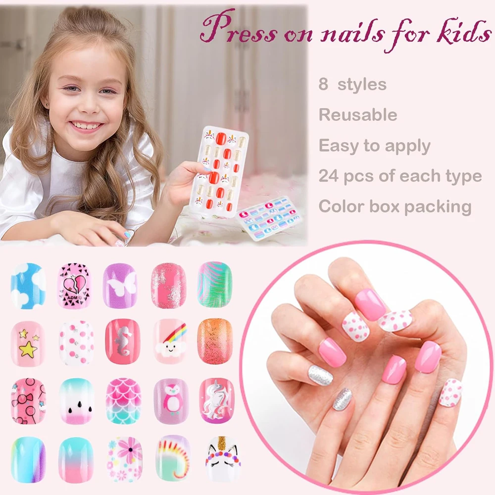 192Pcs/Set Cartoon Children Fake Nails Short Round Press On Nail Flamingos Penguins Design Artificial Kid Girl's False Fingertip