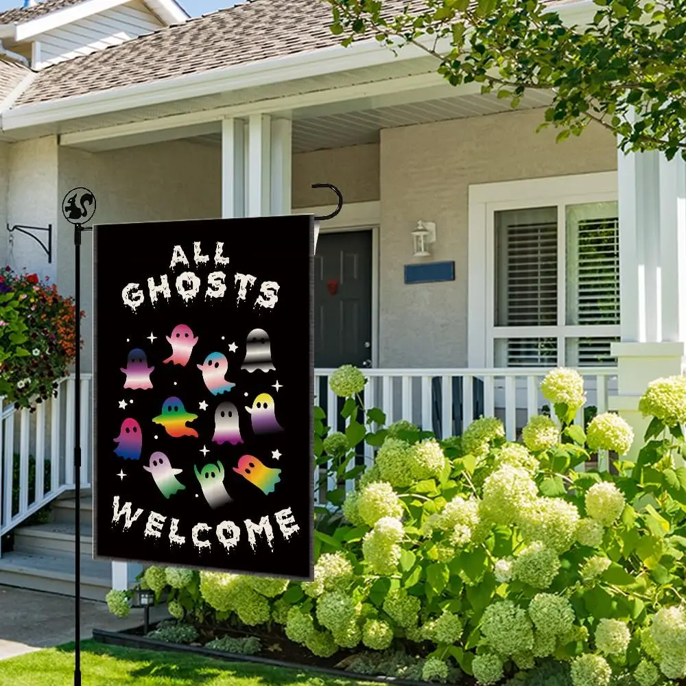 All Ghosts Welcome Halloween Garden Flag, Double Sided Farmhouse Lawn Outdoor Decor Yard Flags, Inclusive Equality Diversity XXE