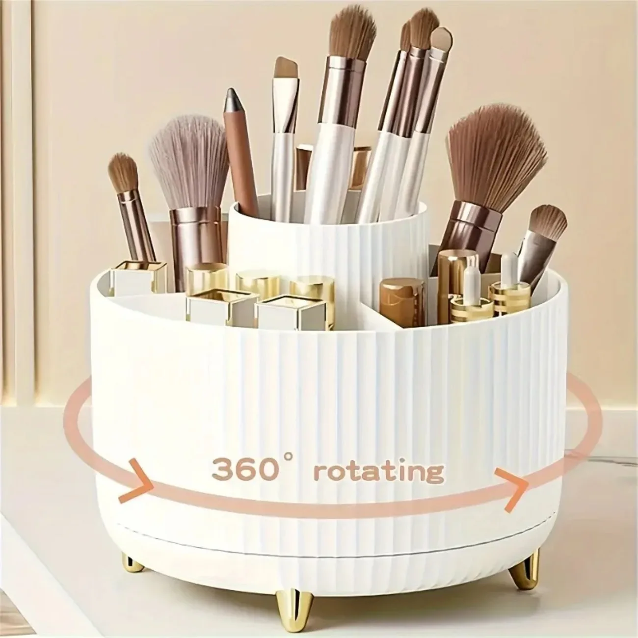 

Turntable Vanity Organizer – Space-Saving Rotating Storage for Makeup, Skincare & Stationery, Neutral Beige Finish