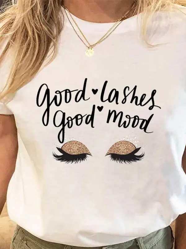 女性用の素敵な甘いプリントtシャツ、まつげスタイルのデザイン、レディース冬シーズン向けのカジュアルファッショントップス