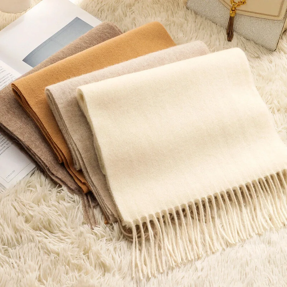 

Зимний шерстяной шарф, женский роскошный зимний кашемировый шарф, утолщенная теплая шаль, классический пушистый шарф с кисточками, однотонный платок Cope 2025