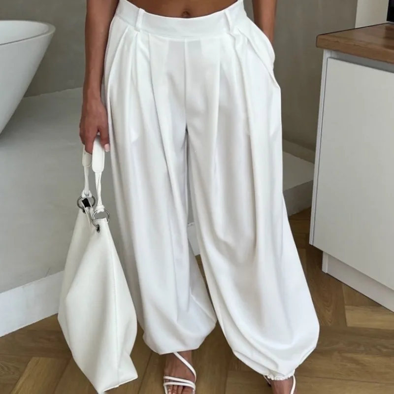 

Talenza Summer Loose Women's Casual Pants White Ruched Patchwork Zipper High Waisted Pants Fashion Female Street Commute Pants
