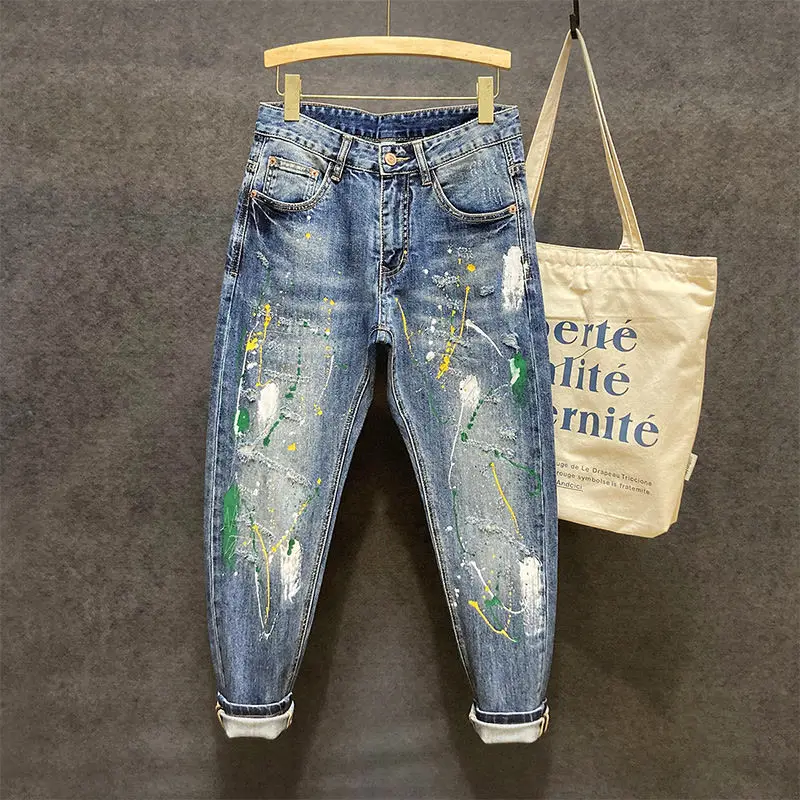 High-end Luxury Brand Designer Design Jeans Men Slim Fit Small Feet Fit Art Splashing Ink Graffiti Ripped Casual Pants Men