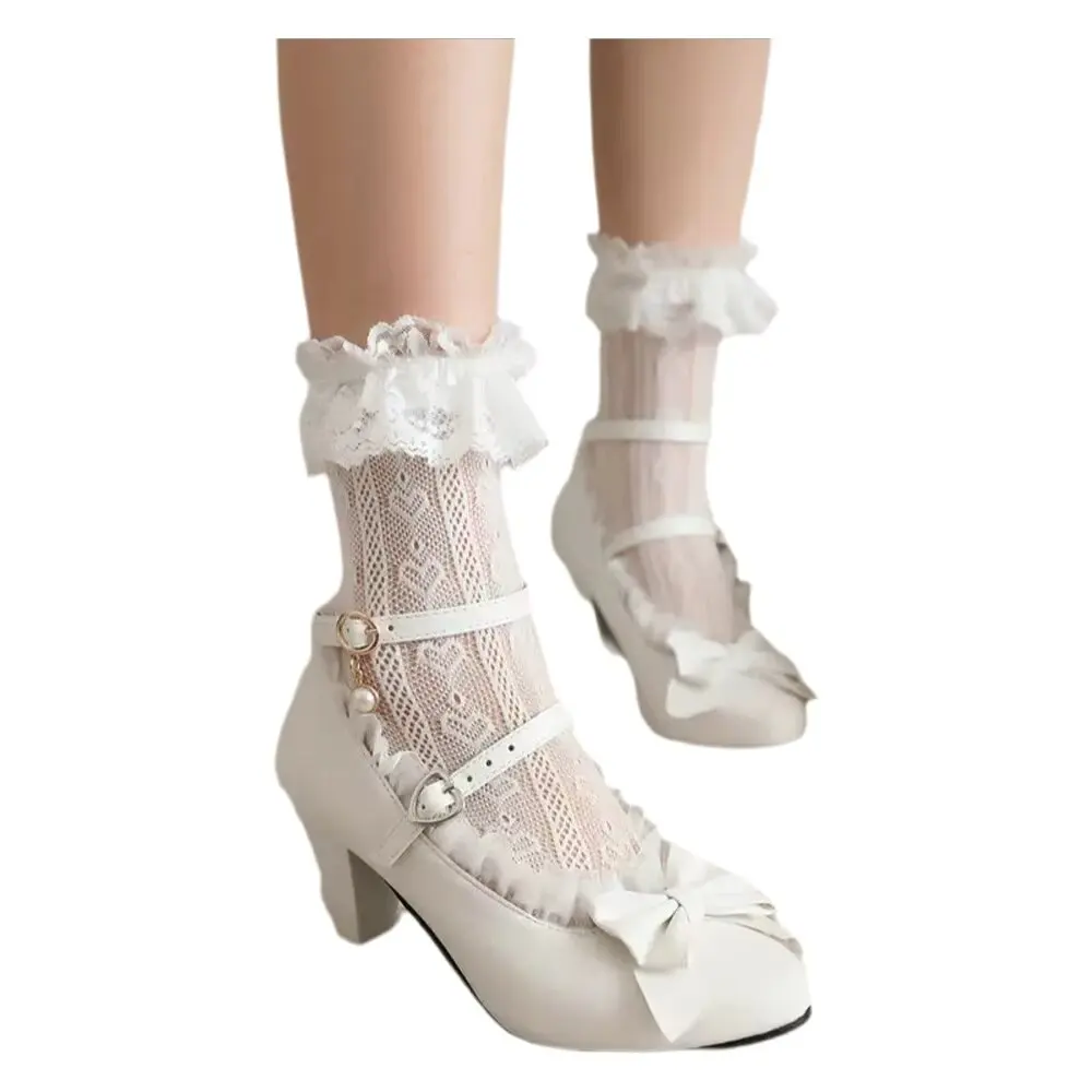 Sweet Lolita Shoes Women Cute Princess Block Heel Pumps Round Toe Mary Jane Single Shoes Kawaii Lace Bow High Heels Plus Size