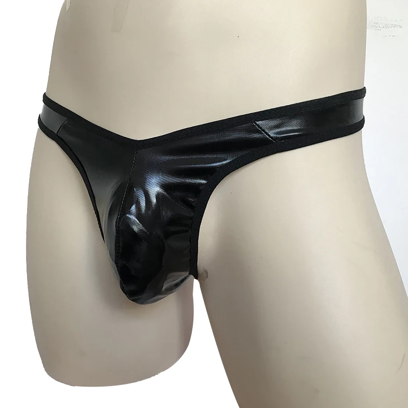 1pc Black Men\'s Faux Leather Sexy Briefs Thongs T-Back G-Strings Low Waist U-convex Pouch Panties Man Underwear Clubwear