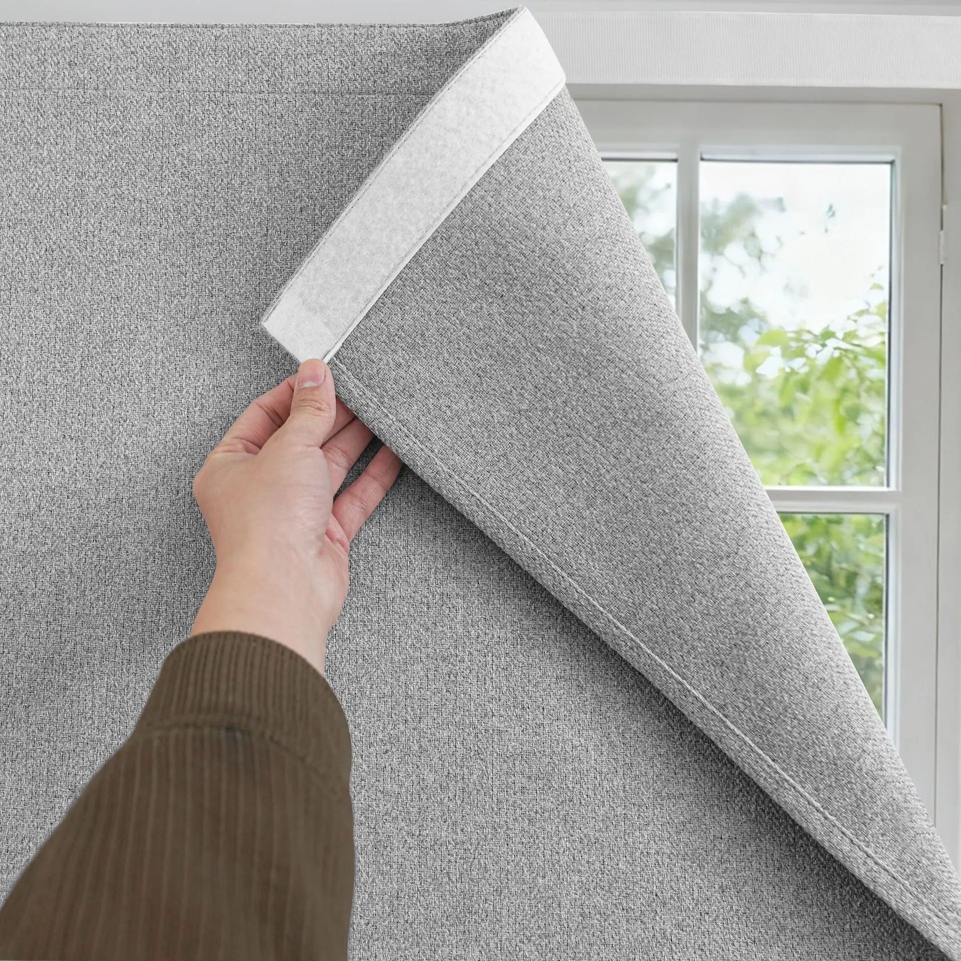 Rental Friendly Non Drilling Self-adhesive Blackout Nylon Buckle Linen Fabric Bedroom Living Room Window Blackout Curtains