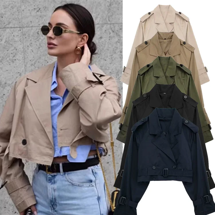 

Arrival Solid Color Short Trench Coat Workwear Luxe Style Bonded Seam Construction Windproof Certification Minimalist Lapel Desi