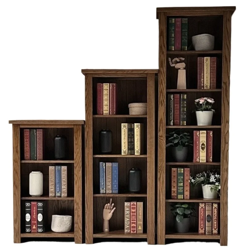 Solid wood oak floor-to-ceiling bookcase, log storage rack, American simple retro whole wall cabinet