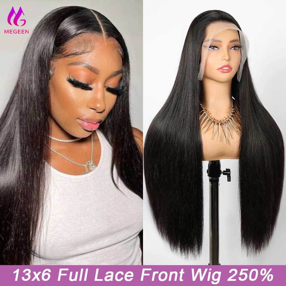 Megeen-滑らかなペルーのかつら,人間の髪の毛,深い部分,13x6,HD透明フロントレース,密度250%