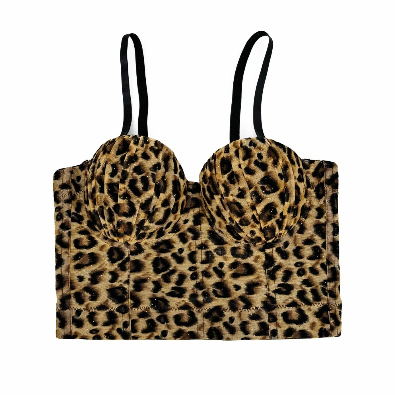 Sexy Leopard Print Pleats Tank Cami Fishbone Bustier for Women Summer Crop Top for Outwear Outfit Underwear Backless Push Up Bra