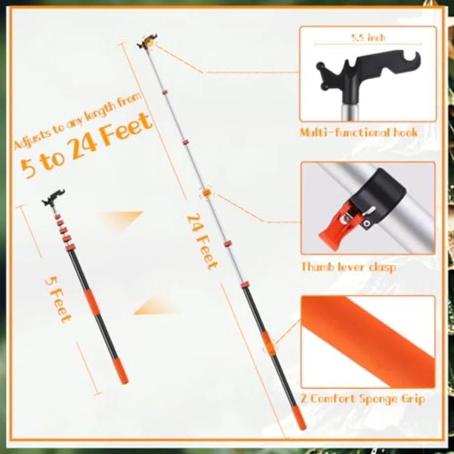 5- Long Telescopic Extension Pole with Utility Hook Ladderless christmas light pole hanger tool Installing and Hanging String L