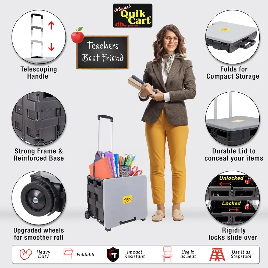 Quik Cart صندوق دوار قابل للطي على عجلات للمعلمين سلة حمل سعة 80 رطلاً مصنوعة من البلاستيك عالي التحمل ومستخدم ك