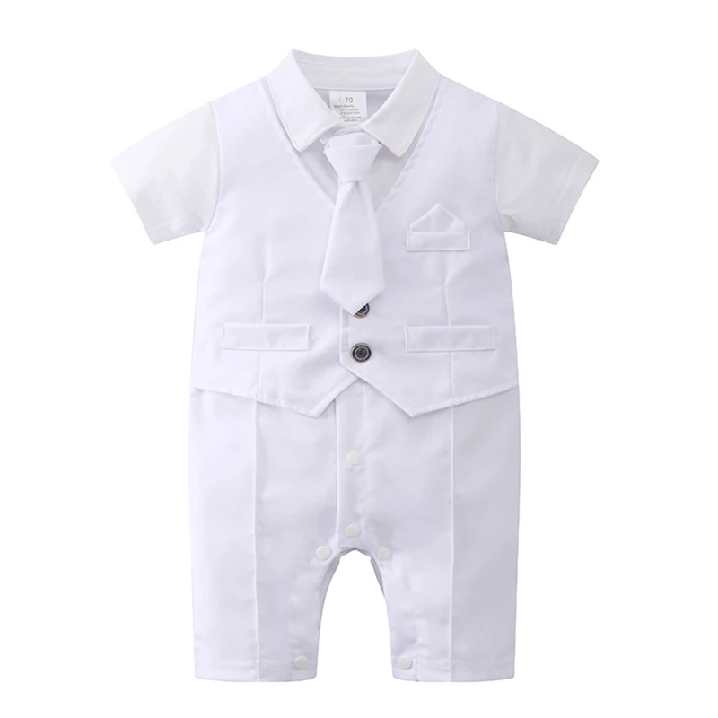 

3-24 Months Infant Baptism Outfit Baby Boys Formal Suit Summer Gentleman Costume White Romper Tie Newborn Suits Birthday Dress